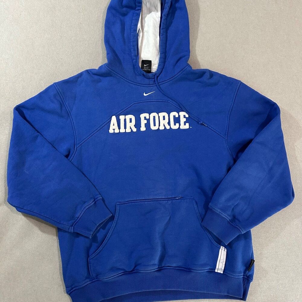 Vintage Nike Team Air Force Hoodie Blue Chenille Spell Out Hidden Pocket Mens L